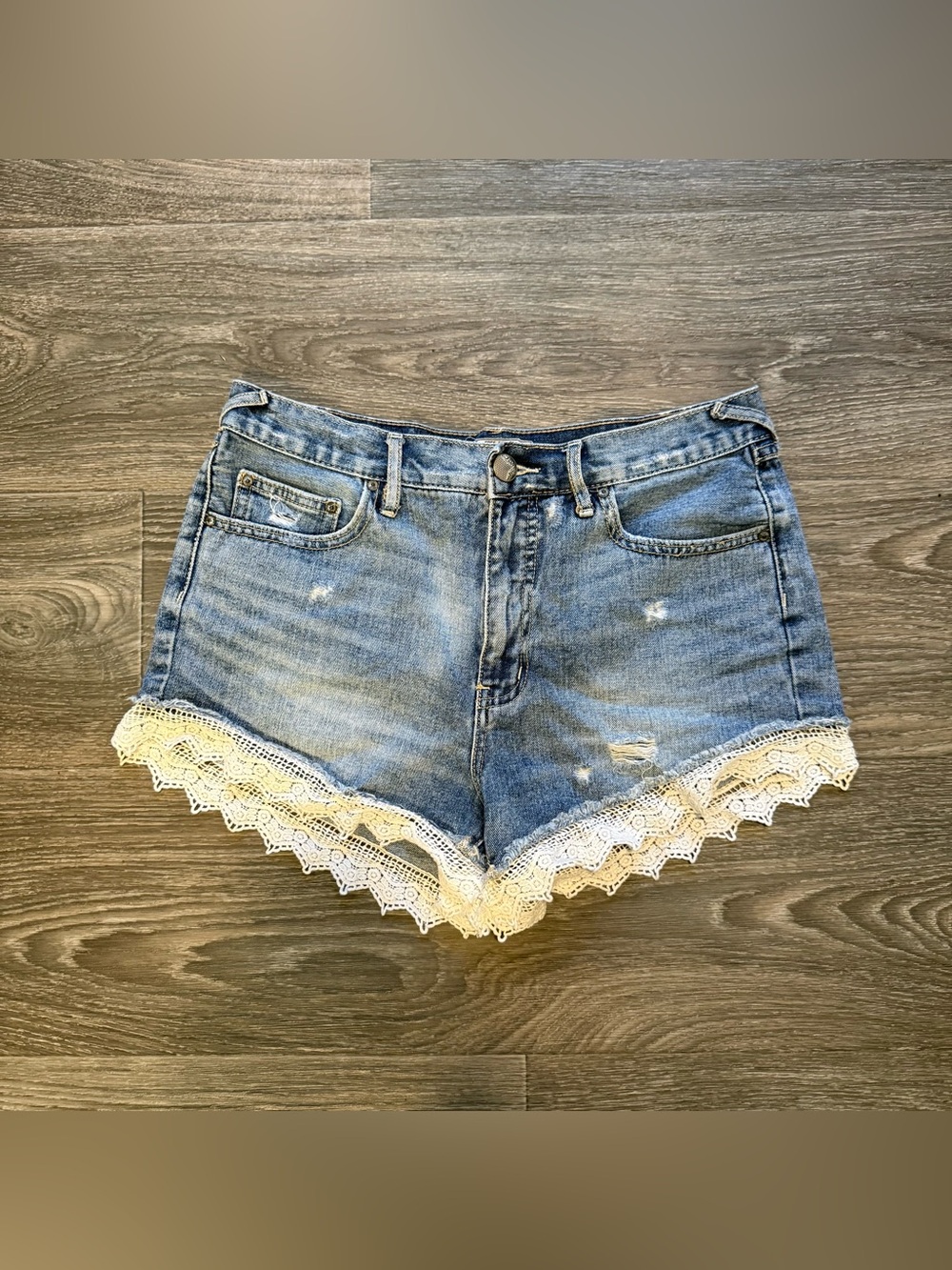 free people cali crochet lace trim distressed denim shorts